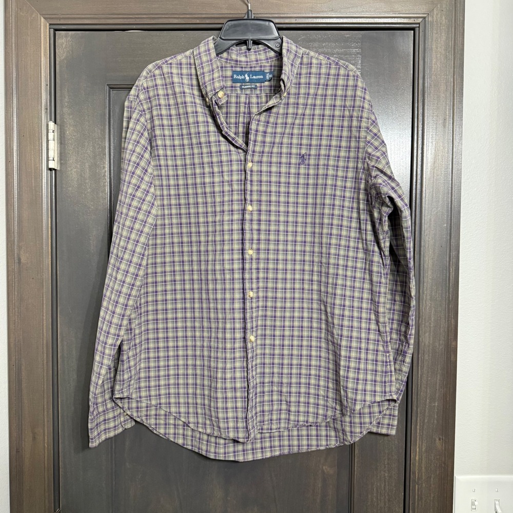 Ralph Lauren Mens XL Classic Fit Plaid Button Down Shirt Purple Green Cotton